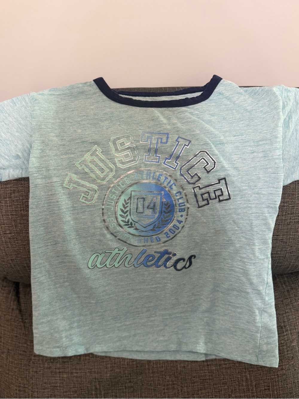 Justice Heather Light Blue Athletic Tee with Navy Trim